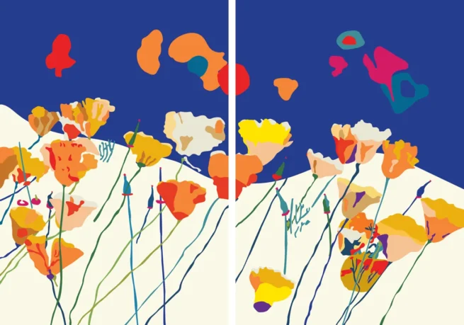 Colorful diptych painting of vibrant orange, yellow, and white poppies against an intense blue sky, inspired by Western Australia's landscape and aboriginal nature regeneration practices. Painted by Franco in his family home before its sale.