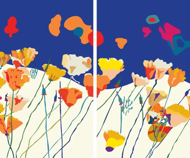 Colorful diptych painting of vibrant orange, yellow, and white poppies against an intense blue sky, inspired by Western Australia's landscape and aboriginal nature regeneration practices. Painted by Franco in his family home before its sale.