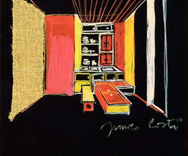 Drawing of furniture and wall decoration design by Franco, who specialized in textile production in Huddersfield, showcasing his expertise in design and craftsmanship.