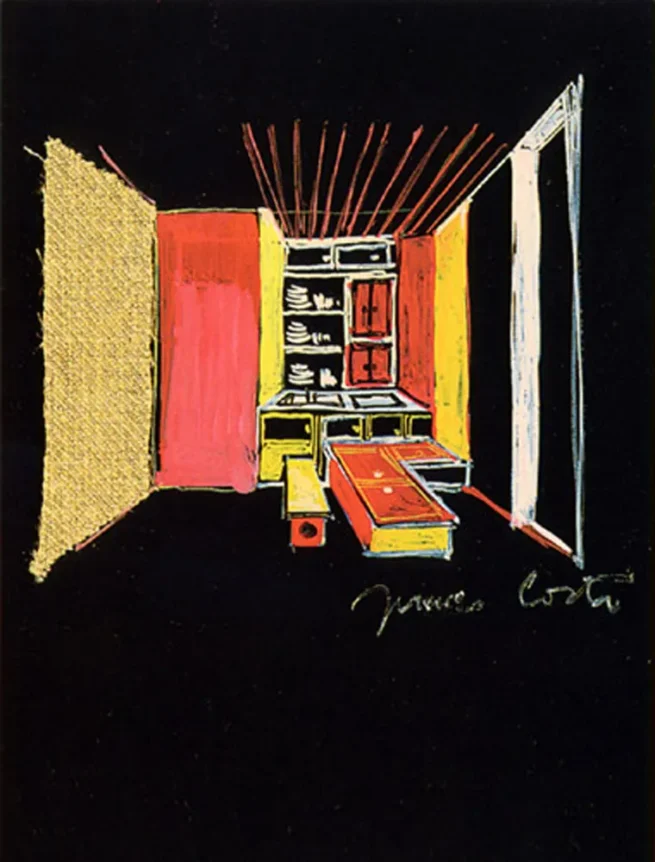 Drawing of furniture and wall decoration design by Franco, who specialized in textile production in Huddersfield, showcasing his expertise in design and craftsmanship.