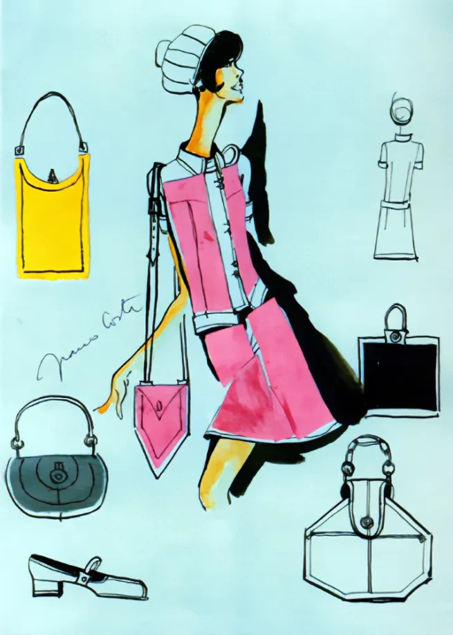 Fashion illustration from the mid-sixties featuring a model in a pink dress with accessories, including handbags and shoes, by Franco Costa, who worked with Haute Couture brands like Dior, Grès, Lancetti, and Valentino.