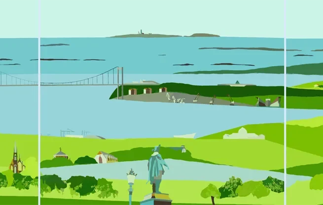 Silkscreen triptych 'Magnificent Gothenburg!' depicting the artist's deep connection to the city, inspired by his love for the people, nature, and green spaces in Gothenburg, where he spent significant time in his life.