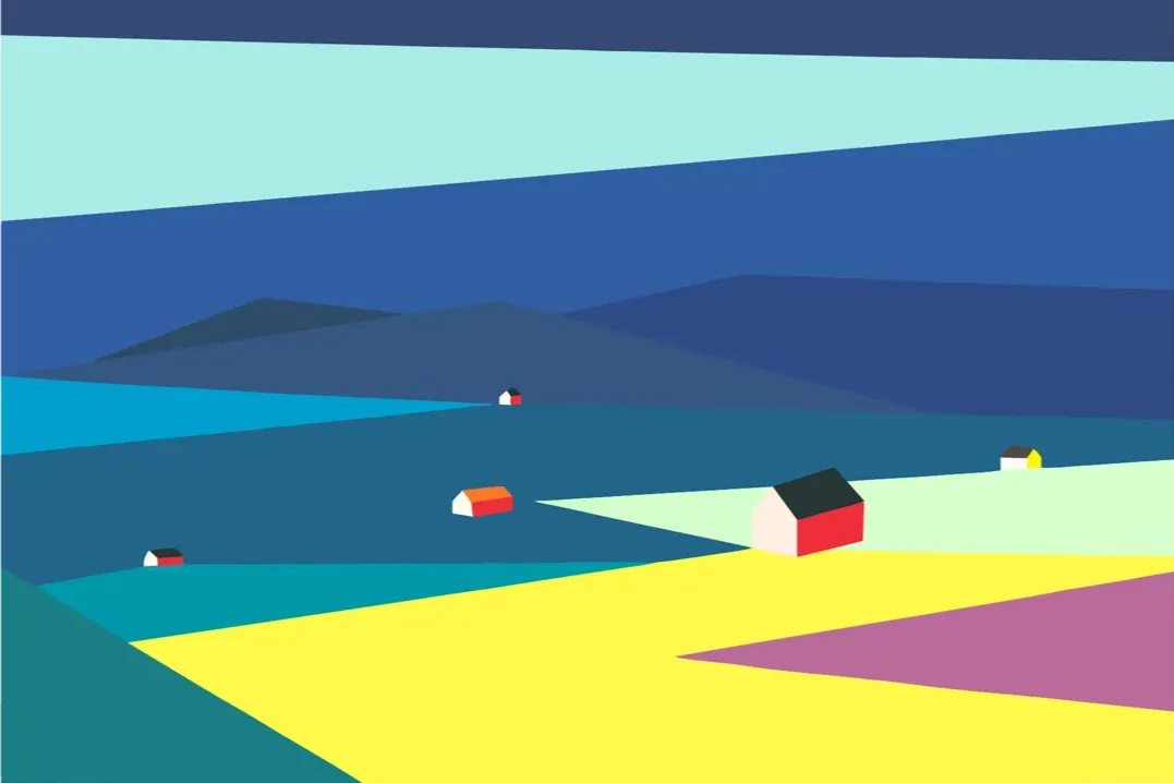 Limited edition silkscreen 'Båstad – Paesaggio Svedese' (1978), 100 x 70 cm, by Franco Costa. The artwork captures the simplicity and serene beauty of Swedish landscapes, with clear colors, clean contours, and straight lines, reflecting both Costa's unique style and the tranquil essence of Sweden.
