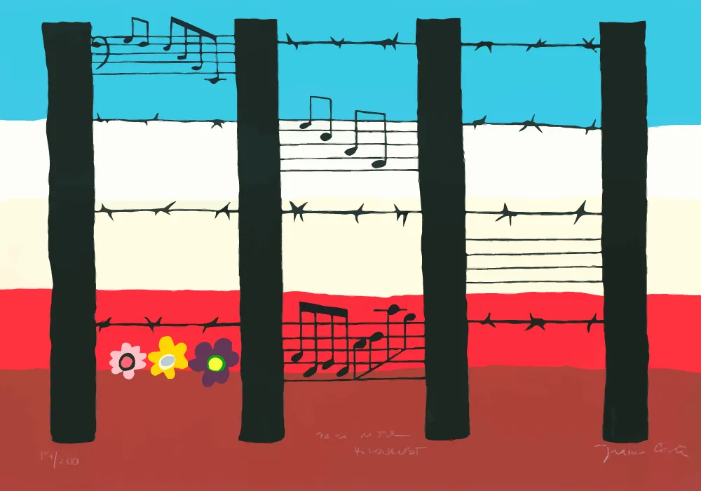 Limited edition silkscreen 'Never More Holocaust' (1994), 100 x 70 cm, symbolizing the agony of Jews killed by Nazi terror. The painting was personally presented to Pope John Paul II, expressing both remembrance and hope for a better future through the imagery of flowers.