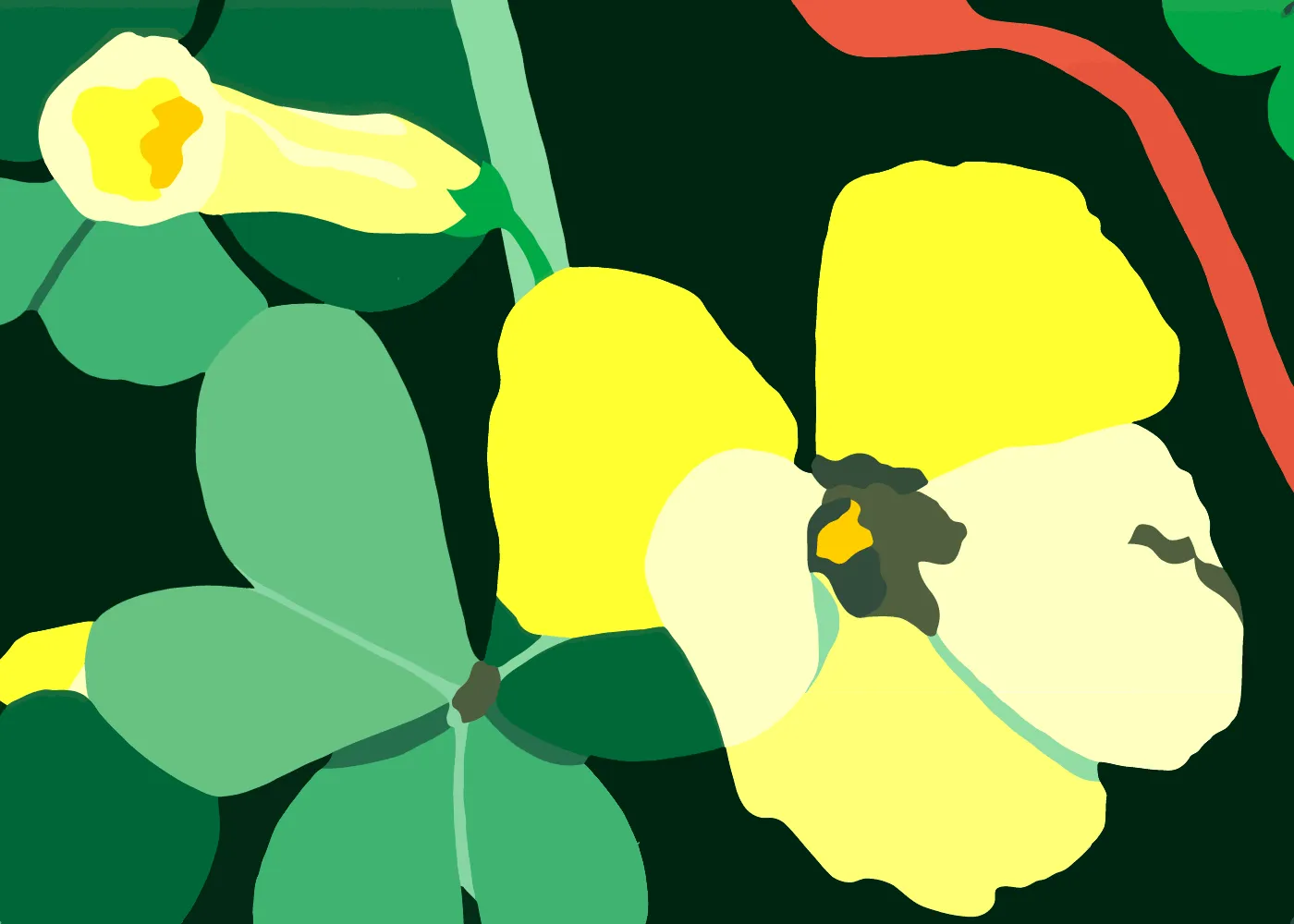 Limited edition silkscreen 'Sour Grass' (1987), 70 x 50 cm, depicting the vibrant yellow flowers of Sour Grass emerging from burnt soil after a forest fire. Inspired by Aboriginal experiences in Australia, where nature flourishes again shortly after destruction, symbolizing resilience and renewal.