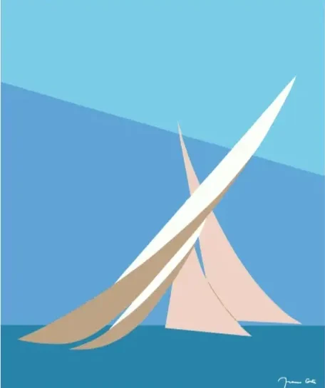 Official America’s Cup 1980 silkscreen by Franco, featuring stylized sailboats inspired by sailing experiences in Sweden. Created for the Swedish Challenge and later chosen as the official race image by the New York Yacht Club.
