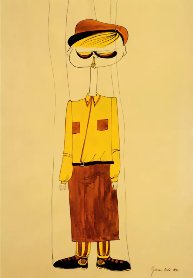 Illustration by Franco from the early 1970s depicting a whimsical, elongated figure with exaggerated features, a mustache, and colorful clothing. The artwork reflects Franco's transformation during his rebellious hippy phase, characterized by witty, playful, and confused imagery.