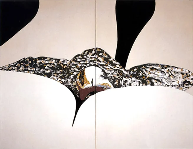 Oil painting diptych titled 'Flying with Joshoua' (1982), created by Franco. The artwork features a stylized abstract sculpture, inspired by petrified whale bone, overlaid on the human form. Originating from Franco's visit to Alaska in the early 1980s, the piece reflects his Arte Vita style, with intricate textures, earthy tones, and dynamic shapes across two canvases (2x 85x130 cm).