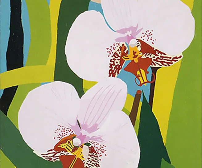 Painting of orchids titled 'Remembering Western Australia' (1996), featuring vibrant green foliage and white flowers, artwork dimensions 70x100 cm
