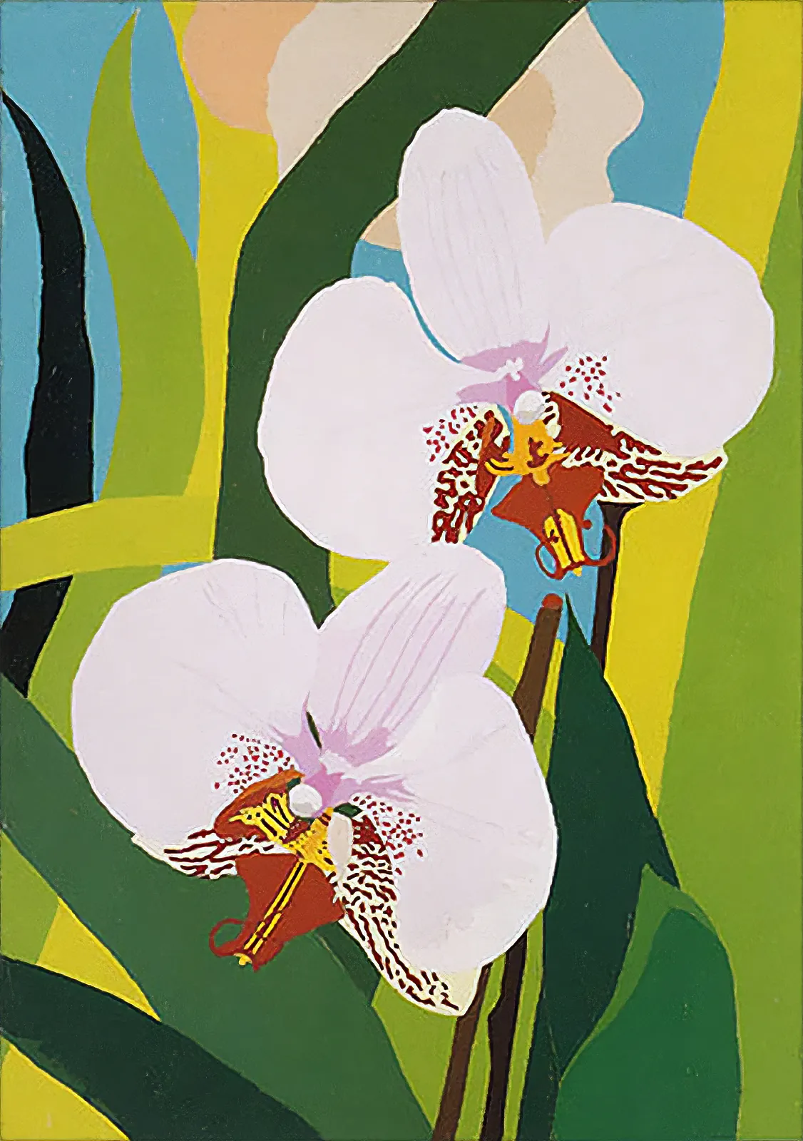 Painting of orchids titled 'Remembering Western Australia' (1996), featuring vibrant green foliage and white flowers, artwork dimensions 70x100 cm