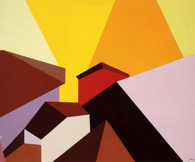 "Limited edition silkscreen print 'Aix en Provence' (1976) by Franco Costa, featuring a geometric and vibrant depiction of rooftops and structures under a bright yellow sky."