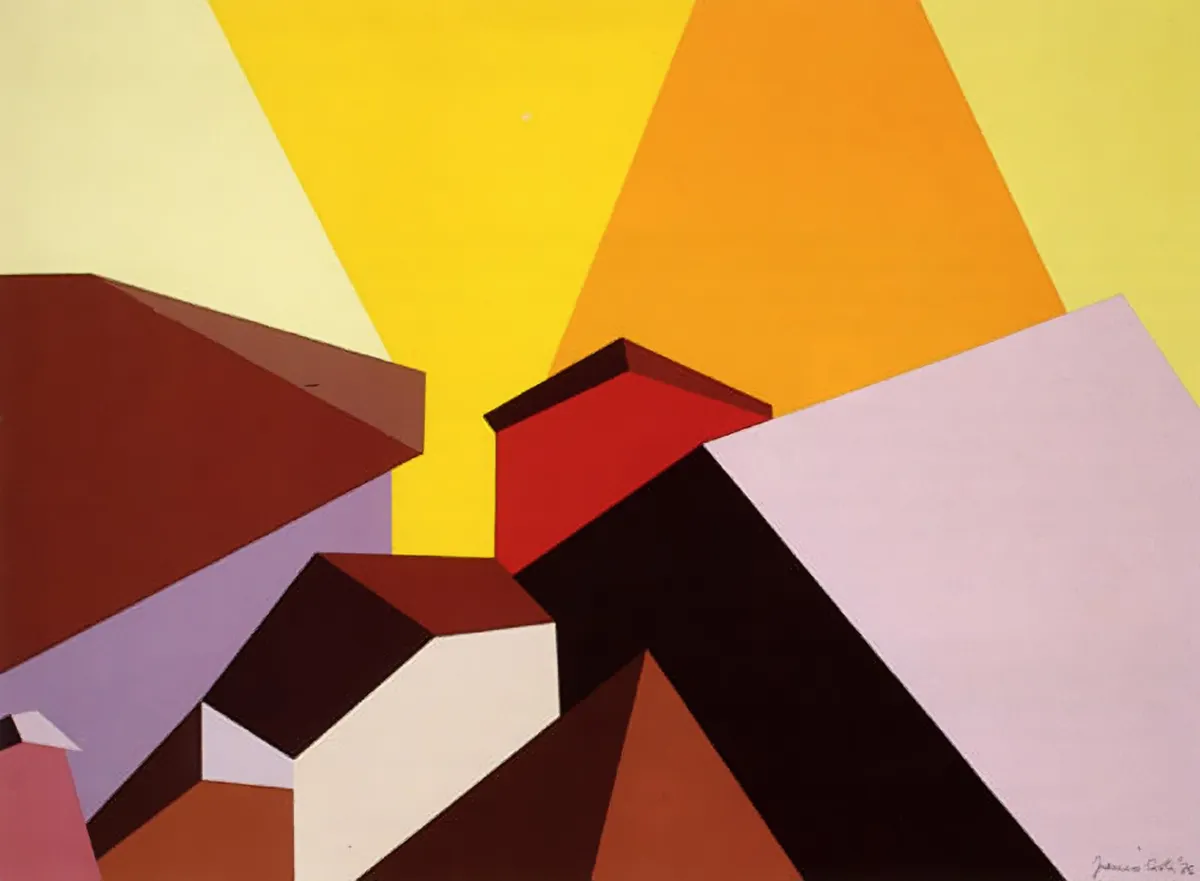 "Limited edition silkscreen print 'Aix en Provence' (1976) by Franco Costa, featuring a geometric and vibrant depiction of rooftops and structures under a bright yellow sky."