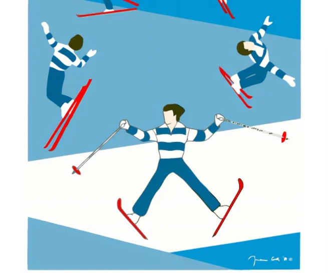 Ski Acrobatic World Championship artwork by Franco Costa (1981), featuring dynamic skiing movements in vibrant colors, created for Volvo's sponsorship of sports events.