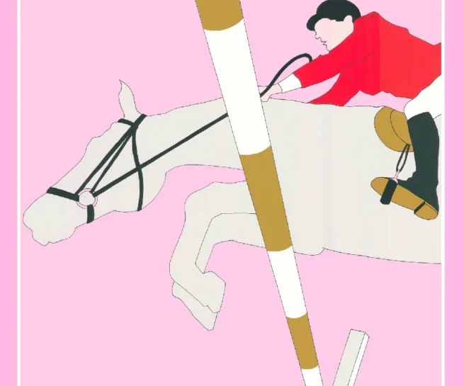 Poster for the 10th Gothenburg Scandinavium Horse Show (1977–1986), featuring a minimalist illustration of a rider in a red jacket jumping a horse over a pole, set against a pink background.