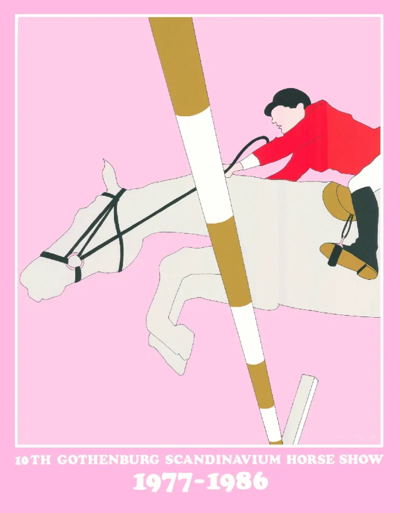 Poster for the 10th Gothenburg Scandinavium Horse Show (1977–1986), featuring a minimalist illustration of a rider in a red jacket jumping a horse over a pole, set against a pink background.