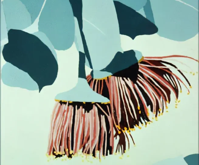 Artwork of eucalyptus flowers and leaves, showcasing delicate pink blooms and soft green foliage, emphasizing botanical beauty and natural simplicity